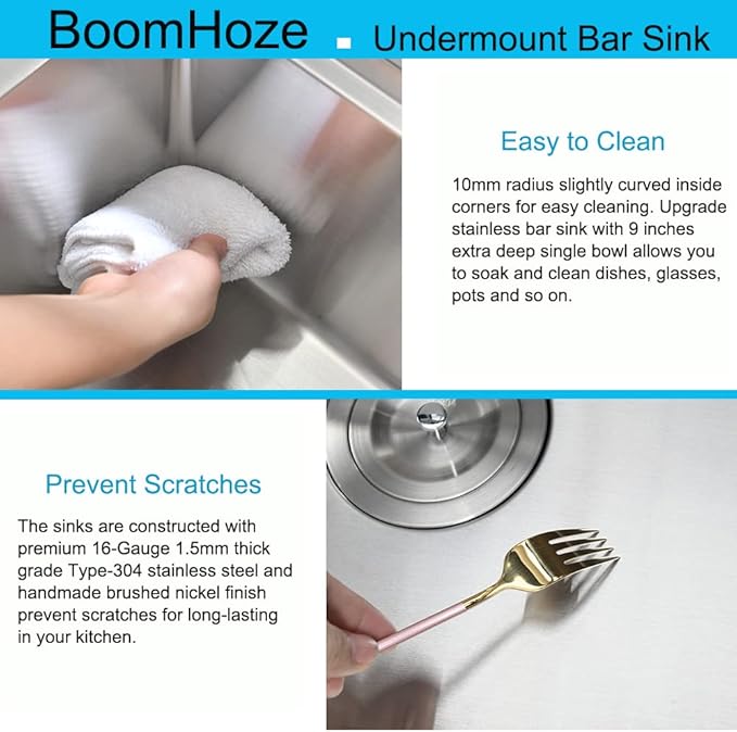 12 Inch Undermount Bar Sink Workstation, BoomHoze 12 x 15 Stainless Steel Wet Bar Kitchen Prep Single Bowl 16 Gauge Small Kitchen Sink with Cutting Board and Assembly