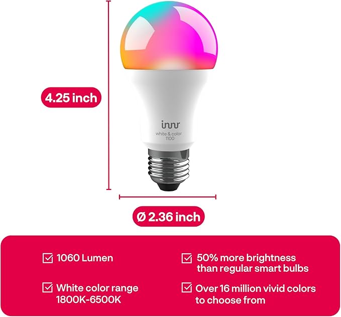 innr Zigbee A19 Smart Bulb, Works with Hue*, Alexa, SmartThings (Hub Required), White & Color, 40% More Brightness, E26 LED Color Changing Light Bulb, Dimmable, 1100 Lumen, 2-Pack