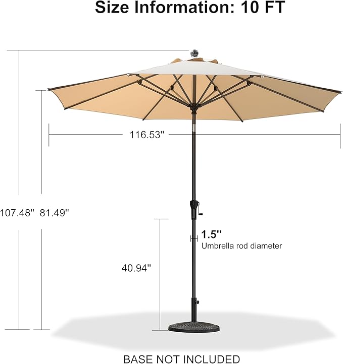 PURPLE LEAF 10' Round Patio Umbrella Outdoor Table Umbrella Aluminum Frame Market Umbrella Sun Umbrella with 8 Sturdy Ribs & Tilt for Garden Deck Lawn & Pool Beige