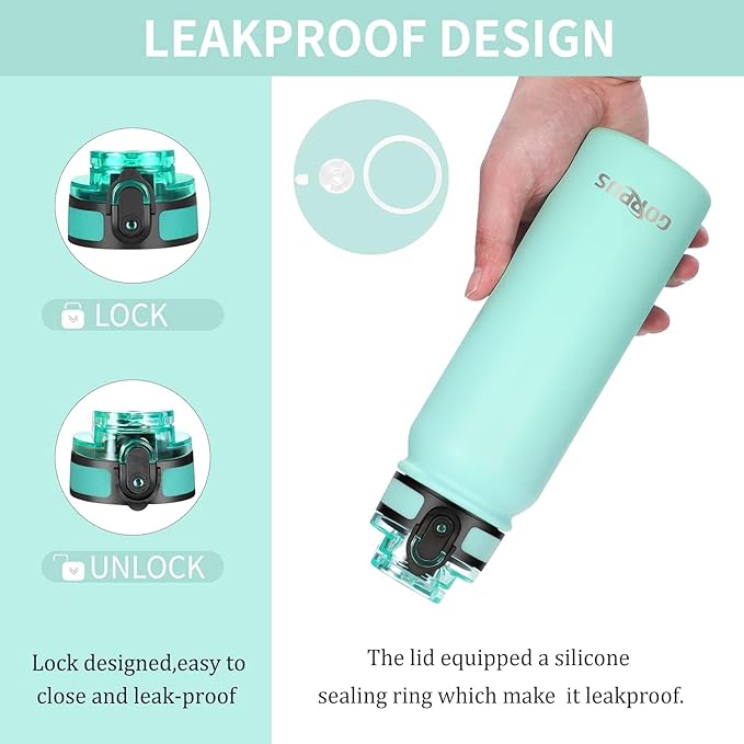 GOPPUS 20 oz Kids Water Bottle with Straw Wide Mouth Lid Leak Proof Double Walled Insulated Stainless Steel Water Bottles with Strap Handle Cup Stickers for Boys Girls School (Green 1 Lid)