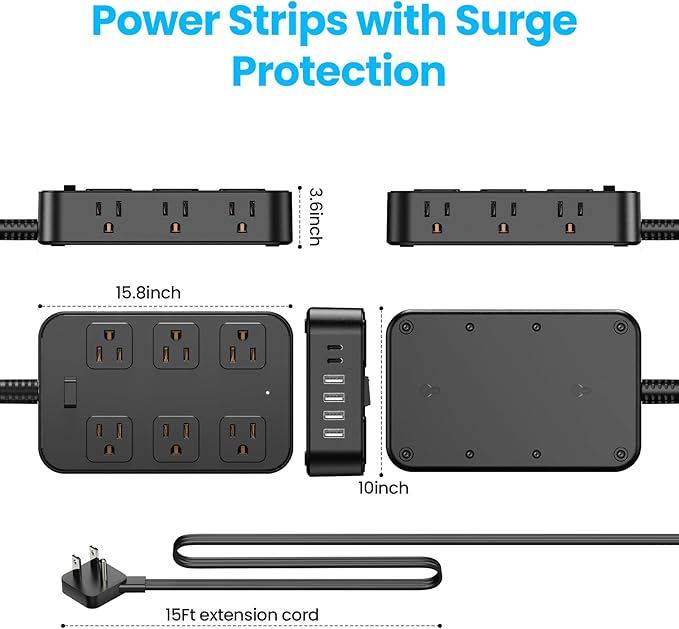 Flat Plug Power Strip Surge Protector with 12 AC Outlets 6 USB Ports 3 Side Multi Plug Outlet Extender 15 Ft Extension Cord for Home Office Kitchen Dorm Wall Desk Charging Station ETL Listed