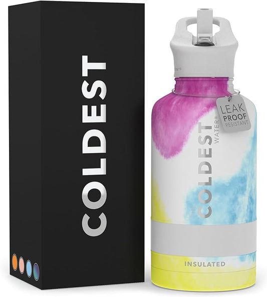 Coldest Sports Water Bottle - 64 oz(Straw Lid), Leak Proof, Vacuum Insulated Stainless Steel, Hot Cold, Double Walled, Thermo Mug, Metal Canteen (64 oz, Clouds of Tie Dye)