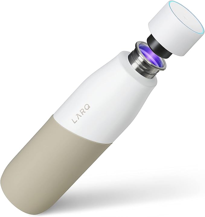 LARQ Bottle Movement PureVis 24 oz- Lightweight Self-Cleaning and Non-Insulated Stainless Steel Water Bottle with UV Water Purifier | Reusable & Travel Friendly, 1-Year Warranty, White/Dune