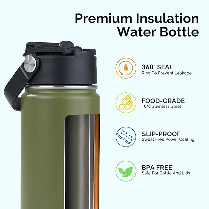 Kerilyn Stainless Steel Insulated Water Bottle, 24oz Double Wall Vacuum Insulated Water Bottle Leak Proof with Silicone Straw, Wide Mouth Lid, BPA Free, Keep Cold and Hot, 24oz, Army Green