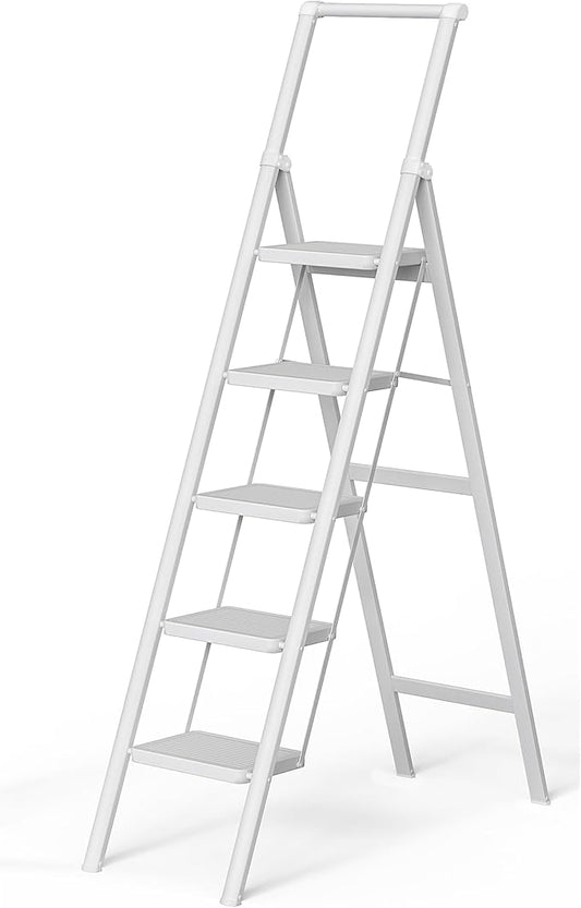 5 Step Ladder, Folding Step Stool, White Foldable Iron Ladder for 10 Foot High Ceiling with Anti-Slip Wide Sturdy Pedal and Handgrip, Multi-Use for Home (300 lbs Capacity)