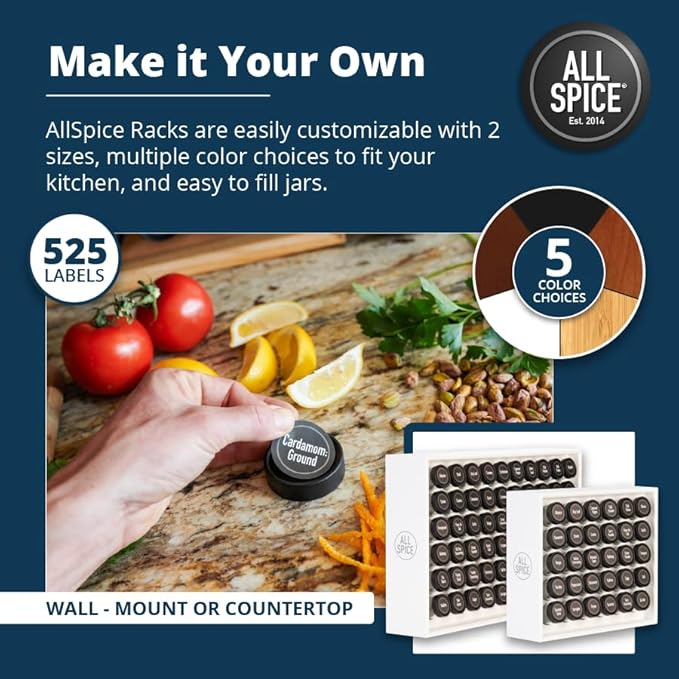 AllSpice Spice Rack Organizer, Wood, 525 Unique Labels, Countertop or Wall Mount, Includes 30 4oz Jars- Matte White