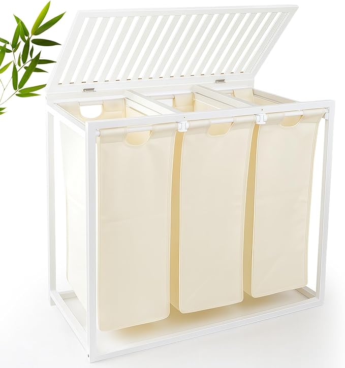 Bamboo Laundry Hamper 3 Section with Lid, 150 L Laundry Sorter with Pull-Out Removable Washable Bags, 3 × 12.5 Gal Divided Laundry Baskets for Laundry Room, Bathroom (White)