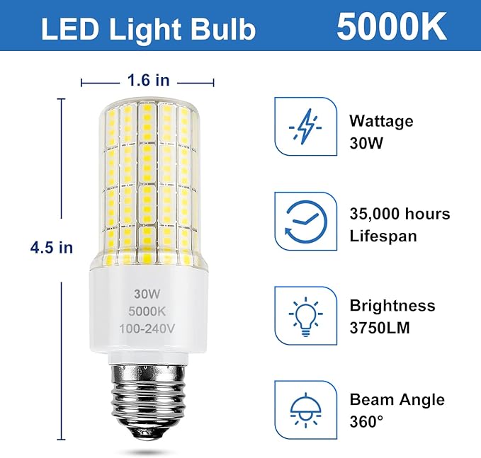 2 Pack Led Light Bulb Equivalent 250w Led bulbs 3750 Lumen 5000K Cool Daylight White 30W Waterproof Led Corn Light bulb E26/E27 Medium Base light bulb for Outdoor Indoor Garage Workshop Backyard