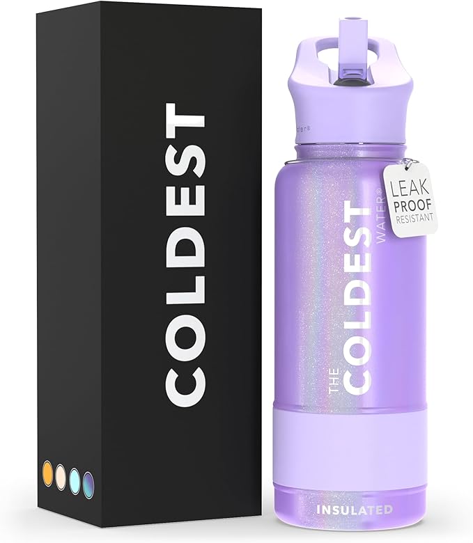 Coldest Sports Water Bottle with Straw Lid Vacuum Insulated Stainless Steel Metal Thermos Bottles Reusable Leak Proof Flask for Sports Gym(32 oz, Saturns Moon Purple Glitter)