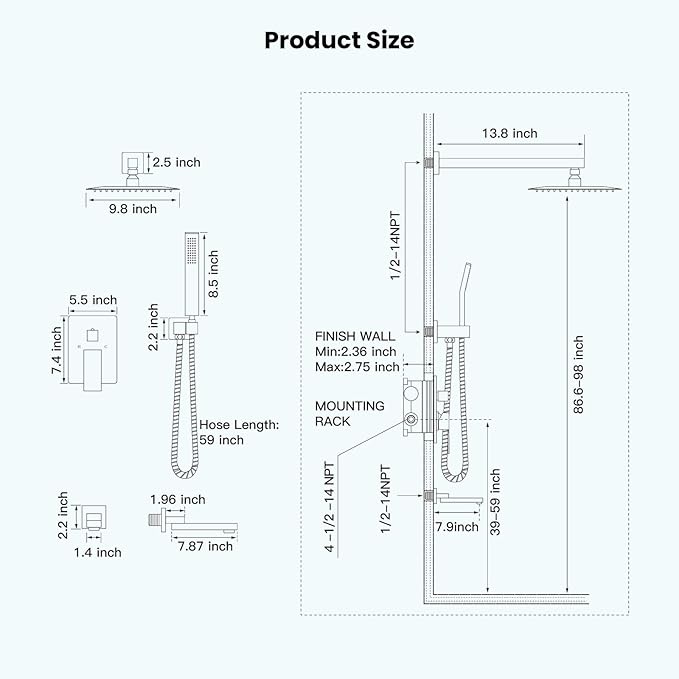 gotonovo Rainfall Tub Shower Faucet Set Bathroom Shower System with Tub Spout Wall Mount Square High Pressure Shower Fixtures with Handheld Sprayer Rough-In Valve 10'' Shower Head,Oil Rubbed Bronze