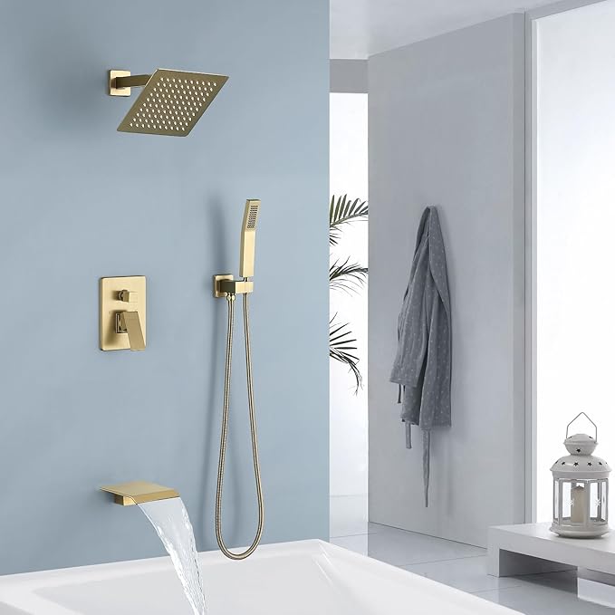 JOYWELL Bathroom Shower Faucets sets Complete Brushed Gold Bath tub Shower Faucet set with 8" Shower Head/Handheld Shower and Tub Faucet Combo