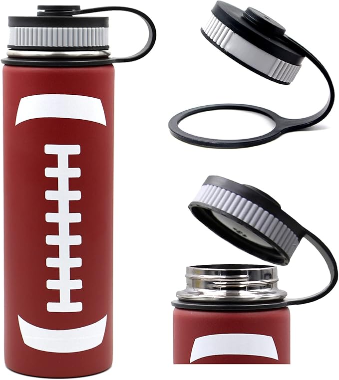22 oz Football Water Bottle, Flask Sports with 2 Lids Double Wall Vacuum Insulated Stainless Steel Wide Mouth Hot & Cold Thermo Mug (22oz, Football)