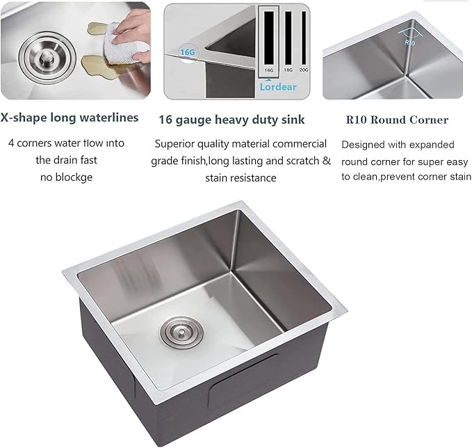 Lordear Undermount Bar Sink 17 Inch Deep Single Bowl 16 Gauge Stainless Steel Under Counter Square Kitchen Bar Prep RV Camper Outdoor Handmade Sink Basin