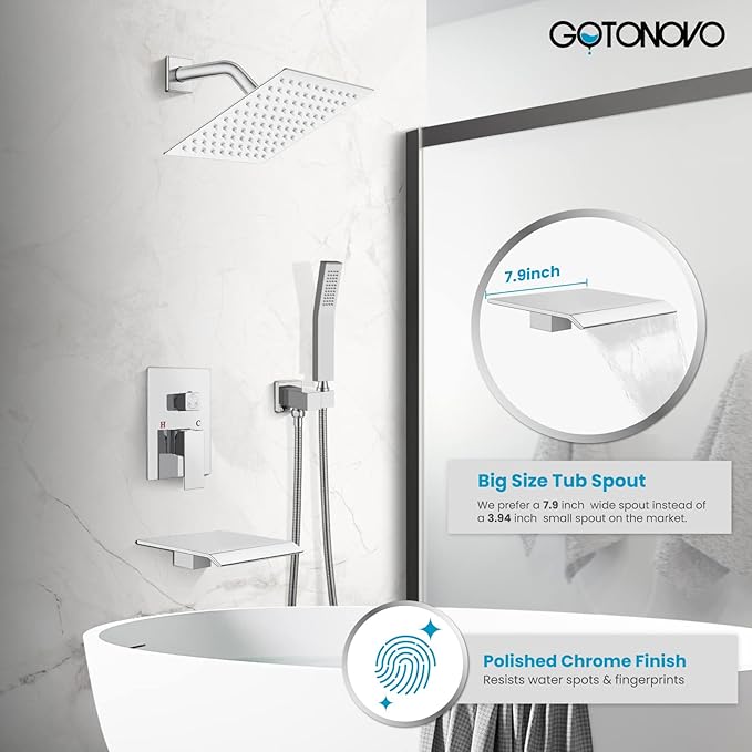 gotonovo Rain Shower Faucet System Set Rainfall Shower Head with Handheld Sprayer Waterfall Tub Spout Wall Mounted Mixer Combo Rough-in Valve and Trim Included 8 Inch Showerhead Polished Chrome