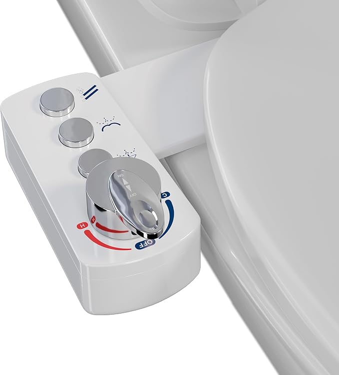 Bidet Attachment for Toilet. Dual Nozzles with Feminine & Rear Wash, Hot and Cold Water, 3-Button Control, Adjustable Pressure & Temperature, Self-Cleaning Sprayeres, Easy Install by Yourself.