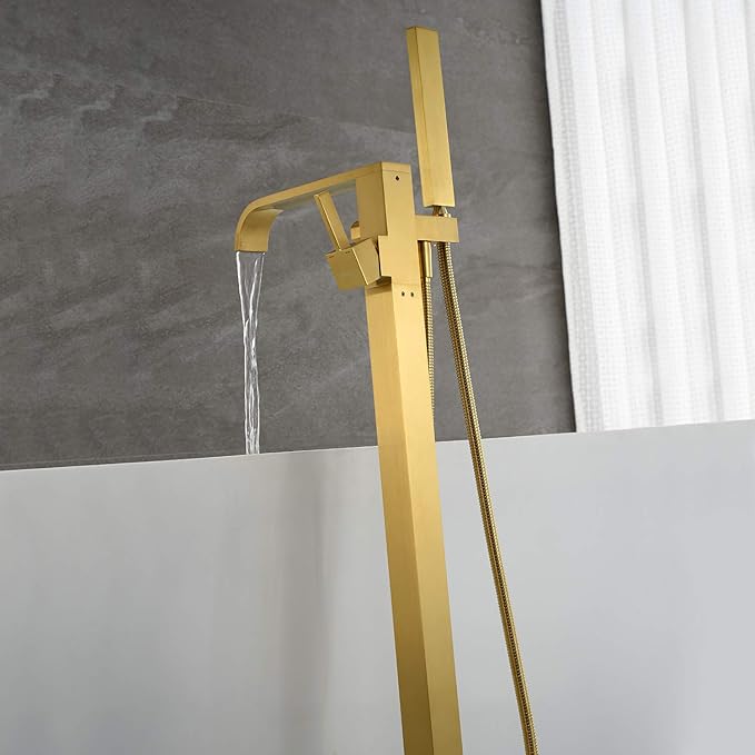 Freestanding Bathtub Faucet Tub Filler Brushed Gold Floor Mount Faucets Brass Single Handle with Hand Shower