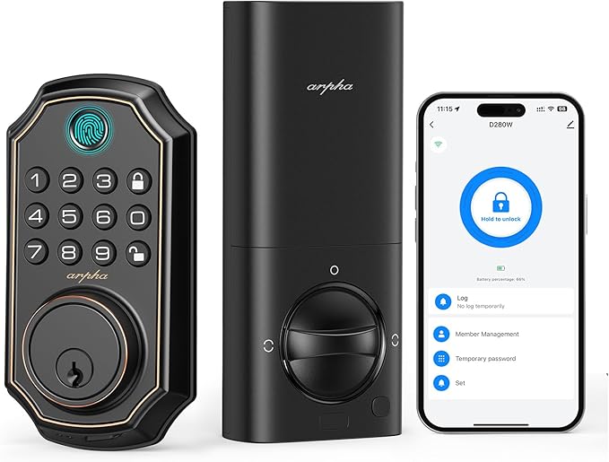 ARPHA Fingerprint Smart Door Lock - Keyless Entry Door Lock, Built-in WiFi Deadbolt with Keypad, APP Remote Control, Easy Installation (WiFi+Fingerprint+Password)