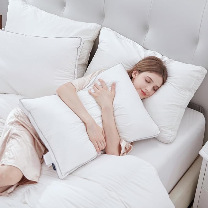 Globon Luxury Feather Down Pillow Standard Queen Size,Soft Low Gusseted Bed Pillows for Sleeping, Hotel Collection Fluffy Pillow, 18"X26", Pack of 1