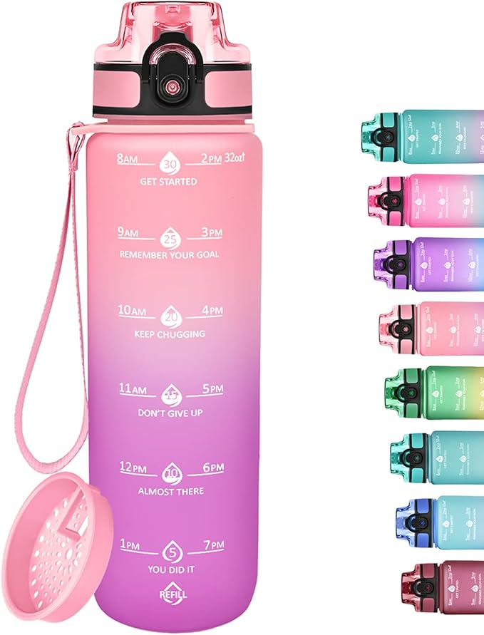 GOSWAG 32oz Motivational Water Bottles with Time Marker and Fruit Strainer, Sports Water Bottle with Times to Drink, Leakproof, Reusable Plastic Bottle with Strap no Straw for Gym, School