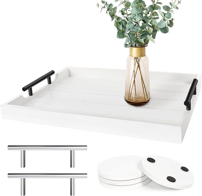 Coffee Table Tray - Large Ottoman Tray for Living Room - Wood Serving Tray with Handles(2 Sets) - Wooden Tray for Coffee Table, 4 Round Coasters Included, White