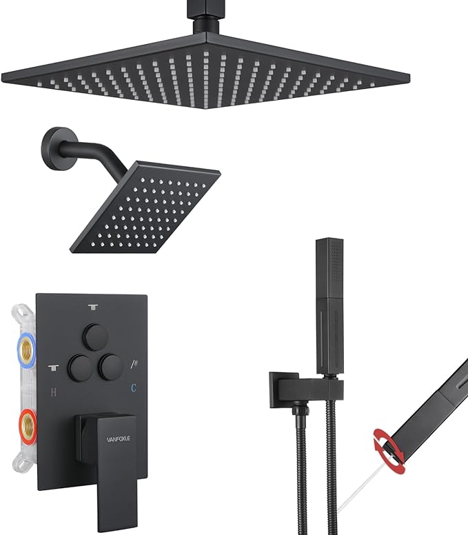 VANFOXLE Shower Faucet Set Matte Black Shower System,Push Button Diverter Shower Faucet with 2 in 1 Handheld,Ceiling Mount 10 Inch Shower Head with 6 Inch Wall Mount Shower Head