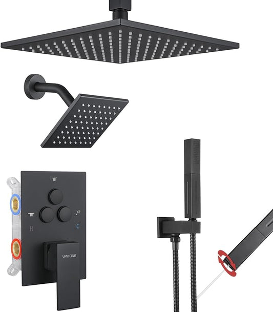 VANFOXLE Shower Faucet Set Matte Black Shower System,Push Button Diverter Shower Faucet with 2 in 1 Handheld,Ceiling Mount 10 Inch Shower Head with 6 Inch Wall Mount Shower Head
