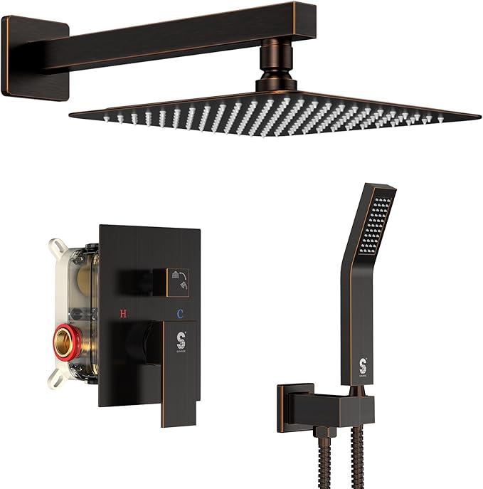 SR SUN RISE Oil Rubbed Bronze Shower System 12 Inches Brass Bathroom Luxury Rain Mixer Shower Combo Set Wall Mounted Rainfall Shower Head System Shower Faucet Rough-in Valve Body and Trim Included