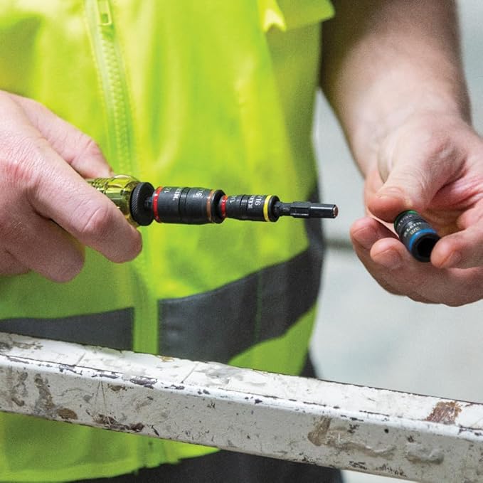 Klein Tools 32907 Impact Driver, 7-in-1 SAE Impact Socket Set, Flip Socket Set with 1/4, 5/16, 11/32, 3/8, 7/16 and 1/2-Inch Nut Driver Sizes and 1/4-Inch Bit Holder, 5-Inch Shaft