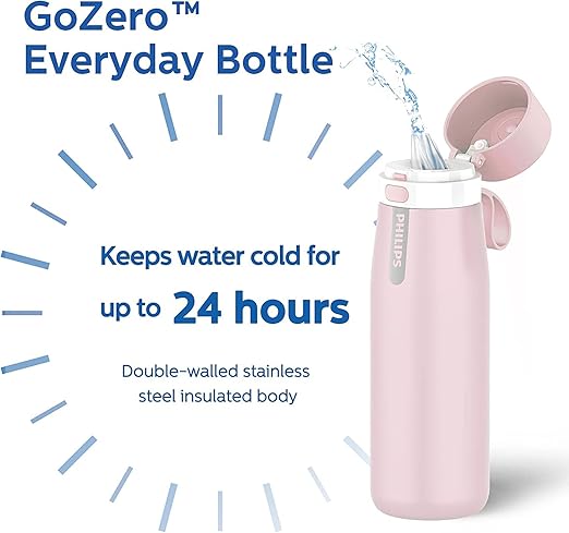 PHILIPS Insulated Stainless Steel Filtered Water Bottle with 3 Philips GoZero Everyday Tap Water Filters BPA Free Transform Tap Water into Healthy Tastier Water Keep Drink Hot/Cold, 18.6 oz, Pink