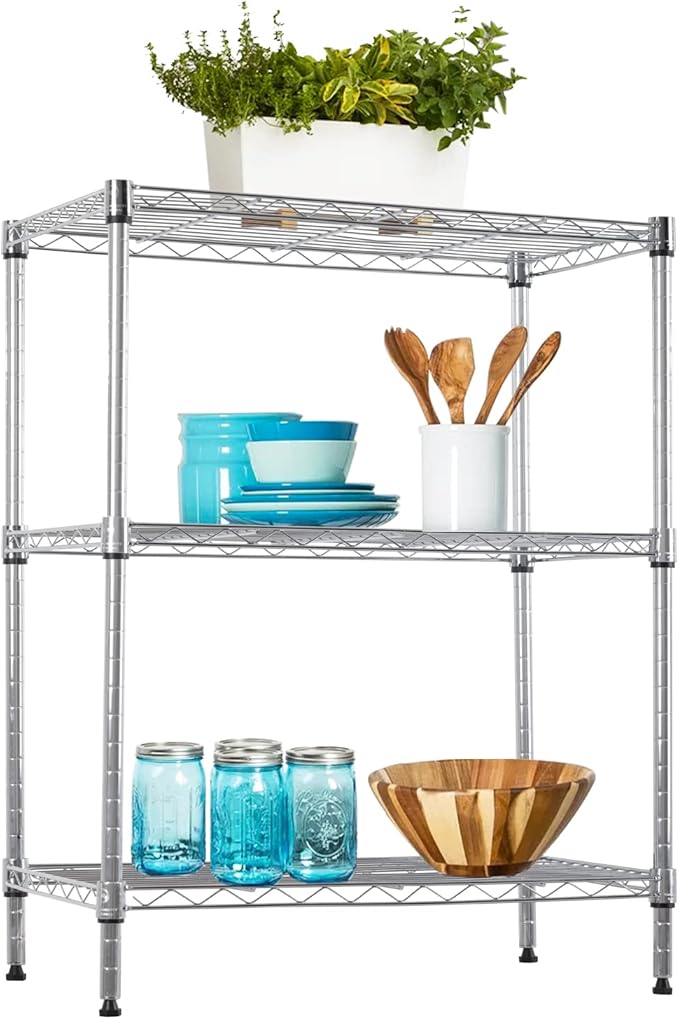 BestOffice 23Lx13.2Wx30.2H Adjustable Metal Storage Shelves 3-Tier Wire Shelving Unit Organizer Wire Rack 450Lbs Capacity for Small Places Kitchen Garage,Chrome