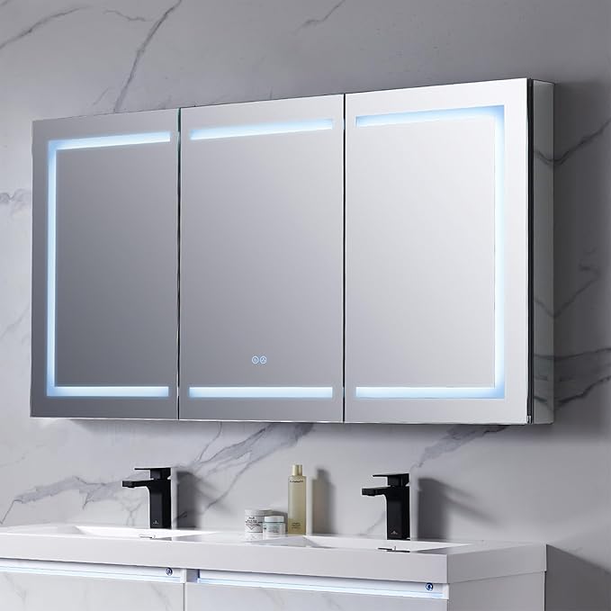 Blossom 60-Inch LED Lighted Mirror Medicine Cabinet | Recessed or Surface Mount Bathroom Cabinet | One Touch Built-in Defogger | Dimmer | Makeup Mirror | 3 Adjustable Glass Shelves