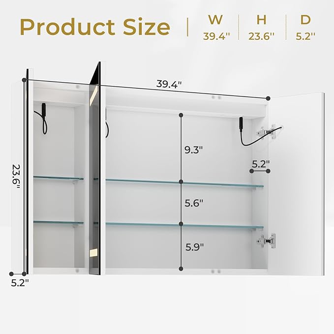 Hasuit Lighted Medicine Cabinet with Mirror, Wall Mounted Bathroom Mirror with Storage, 3 Doors Bathroom Wall Cabinet with LED Lights, 39.4'' x 23.6''