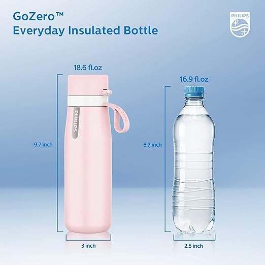 PHILIPS Insulated Stainless Steel Filtered Water Bottle with 3 Philips GoZero Everyday Tap Water Filters BPA Free Transform Tap Water into Healthy Tastier Water Keep Drink Hot/Cold, 18.6 oz, Pink