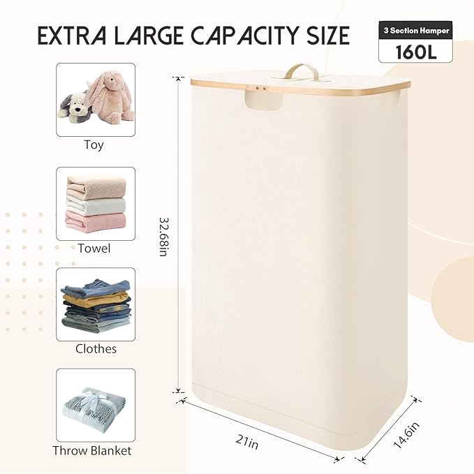 160L Laundry Sorter Hamper with Lid, 3 Section Extra Large Dirty Clothes Basket with Handles, 3 Removable Liner Bags & Labels, Beige