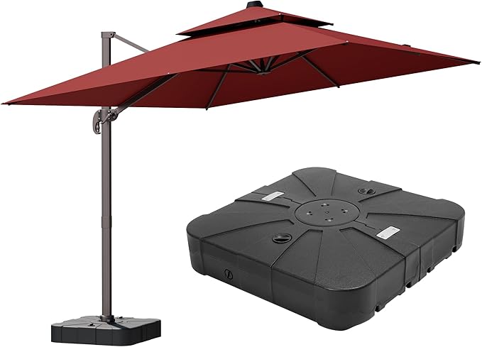 9x12FT Red Cantilever Outdoor Patio Umbrella with Base, Large Rectangular Offset Design, Double Top Heavy Duty Aluminum Frame & 360° Rotation for Pool Garden Deck Backyard