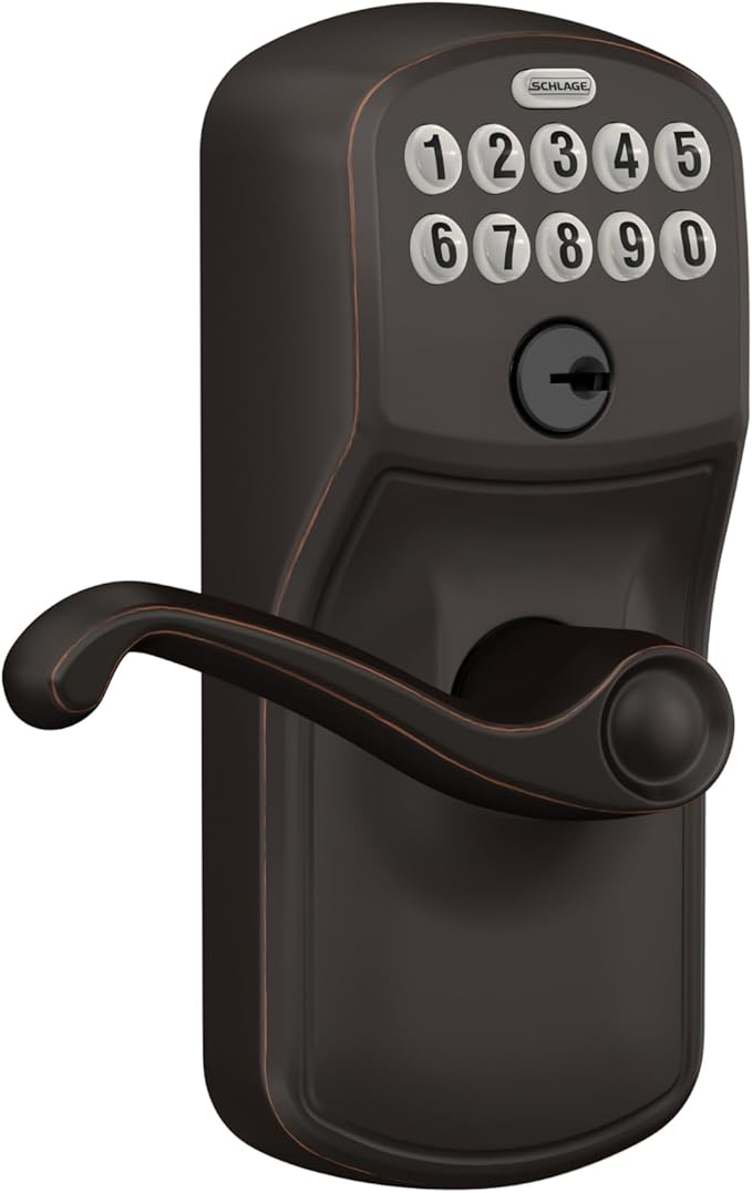 SCHLAGE FE595 PLY 716 FLA Plymouth Keypad Entry with Flex-Lock and Flair Style Levers, Aged Bronze