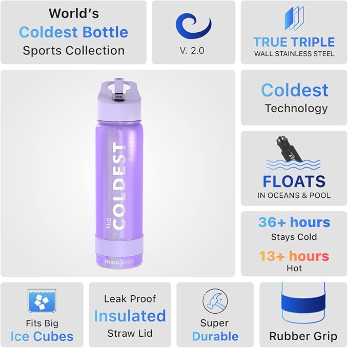 Coldest Sports Water Bottle with Straw Lid Vacuum Insulated Stainless Steel Metal Thermos Bottles Reusable Leak Proof Flask for Sports Gym (24 oz, Saturn's Moon Purple Glitter)