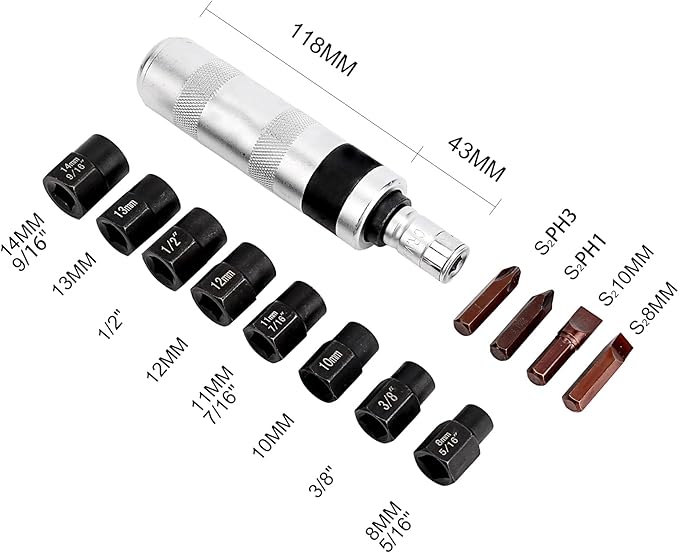 1/2" Hand Manual Reversible Impact Driver Set Extractor-12 PCS Impact Screwdriver S2 Steel Much More Durable Disengage Rusted Fasteners (3/8)