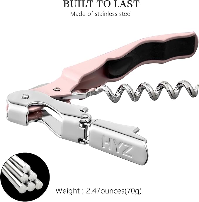 HYZ Stainless Steel Waiter Corkscrew (2-Pack), Pink, Professional Wine Key with Foil Cutter, Manual Wine Bottle Opener, Double Hinged