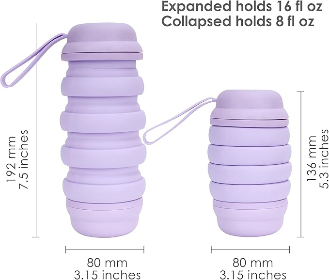 Collapsible Water Bottle, Reusable Water Bottle, Travel Water Bottle, Pill Storage, On the Go, Outdoors, Lunch Water Bottle, BPA Free, Vitamin Storage. (Purple)
