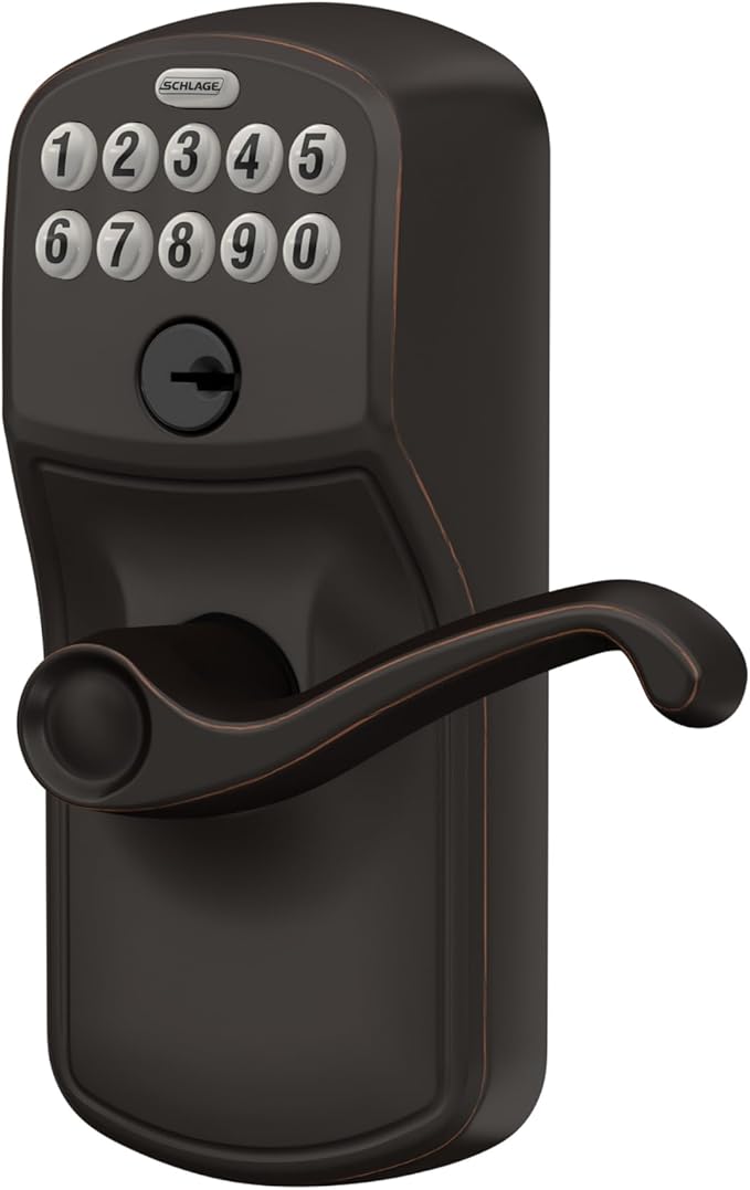 SCHLAGE FE595 PLY 716 FLA Plymouth Keypad Entry with Flex-Lock and Flair Style Levers, Aged Bronze