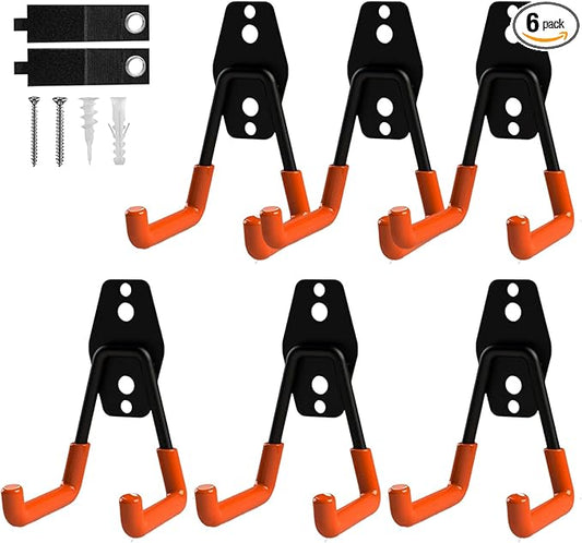 6-Pack Small Square Heavy Duty Garage Hooks, Ideal for Hanging Ladders, Bikes, Tools, Garage, Garden, Basement, Shed, Utility Room Storage (Orange)
