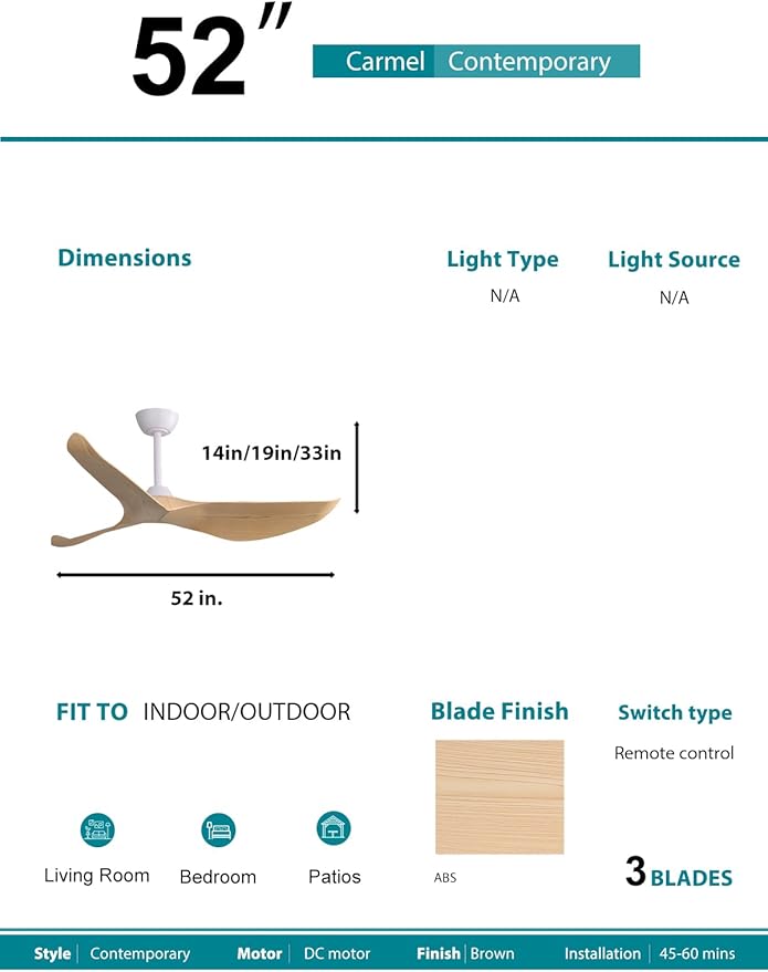 Sofucor 52" Ceiling Fan no Light and Remote Control, Modern Ceiling Fan without Light, Indoor Outdoor Ceiling Fan with Reversible Motor, 6 Speeds, Burlywood