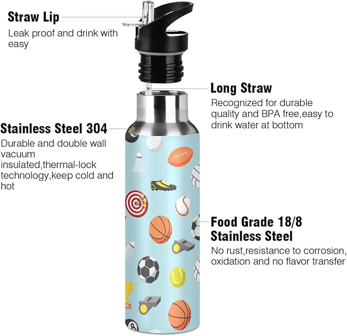 Sport balls Stainless Steel Water Bottle with Straw Lid - 20 Oz Sports Insulated Water Bottle Thermos for Sport Gym Outdoor Travel School