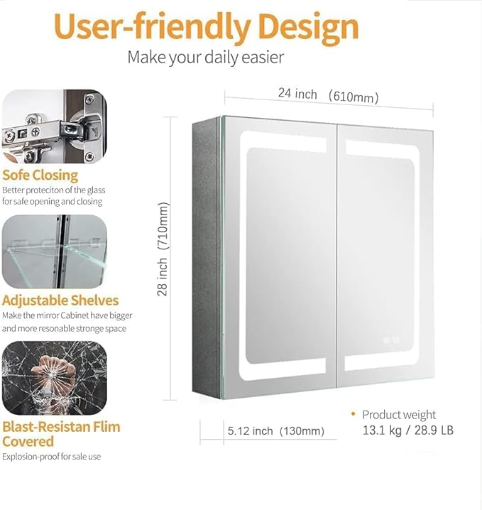 Stainless Steel LED Medicine Cabinet,Bathroom Mirror Cabinet with Light,3 Color,Dimmable,Equipped with Defogger,USB Shavor Socket,Internal Light,24×28 Inch