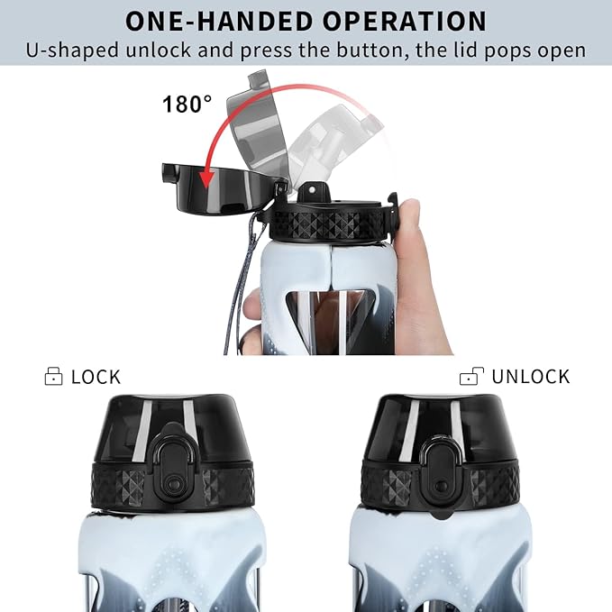 GOPPUS Glass Water Bottles with Straw and Flip Lid, Motivational Water Bottles with Time Marker Reminder and Silicone Sleeve, Leakproof, BPA Free (32 oz, Black and White)