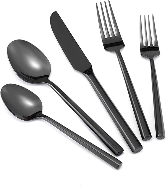 Hand Forged Stainless Steel Flatware Set Silverware Set Cutlery Set Hexagon Handle Black Mirror Finished 20 Pieces Service for 4
