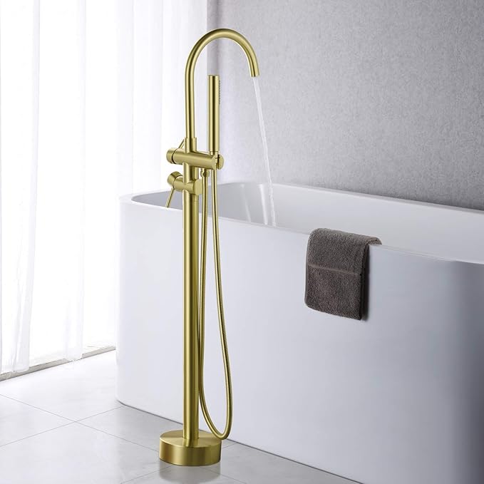 Freestanding Tub Filler Bathtub Faucet Brushed Gold Floor Mounted Brass Faucets with Handheld Shower