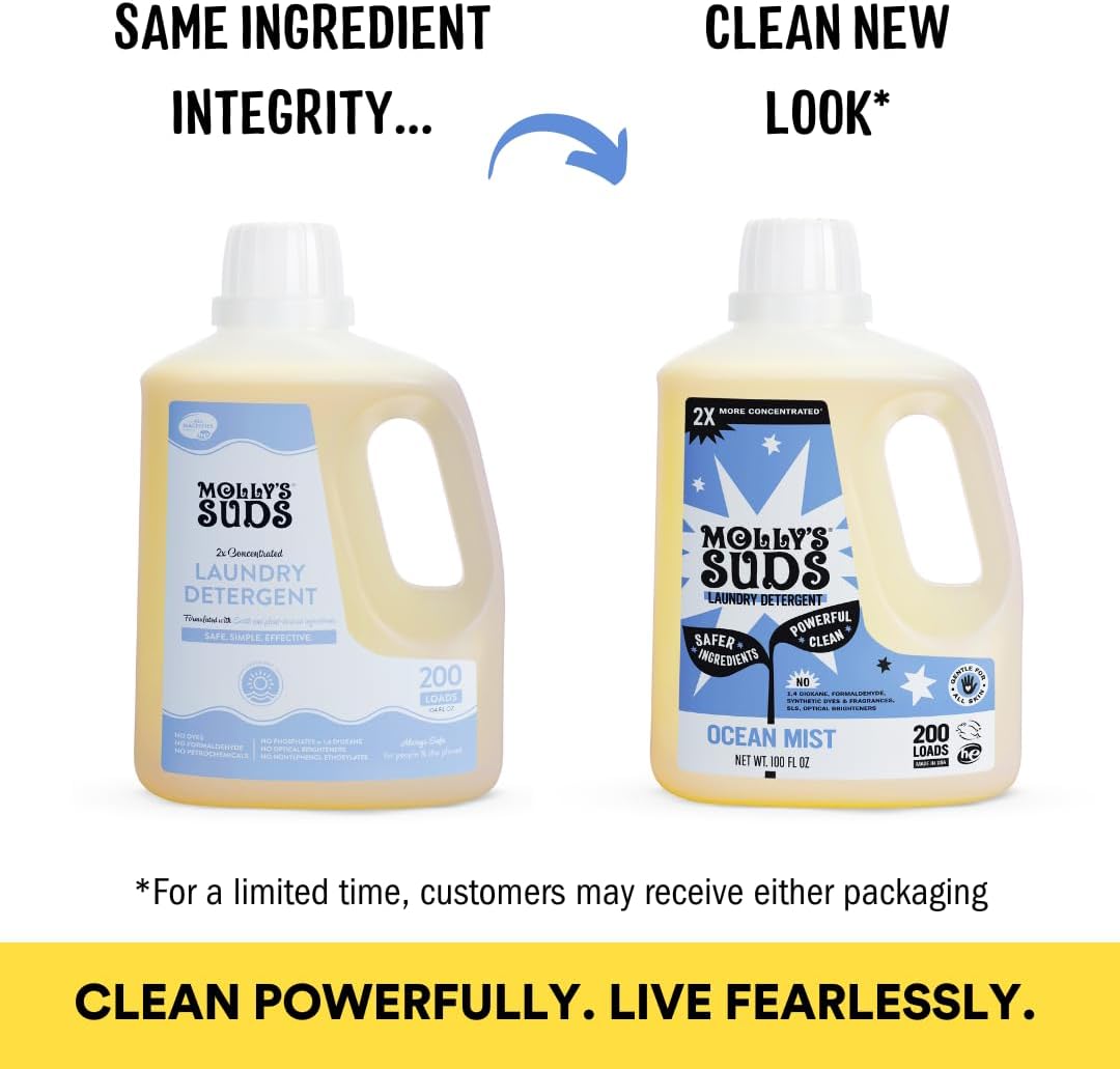Molly's Suds Liquid Laundry Detergent | Clean Laundry Detergent Soap for Sensitive Skin | 2x Concentrated, High Efficiency (HE) | Ocean Mist - 100 Loads
