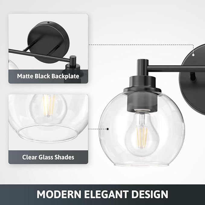 VONLUCE Bathroom Light Fixtures, 2-Light Bathroom Vanity Light with Globe Glass Shades E26 Sockets, Vanity Lights for Bedroom Hallway Living Room, Black Finish
